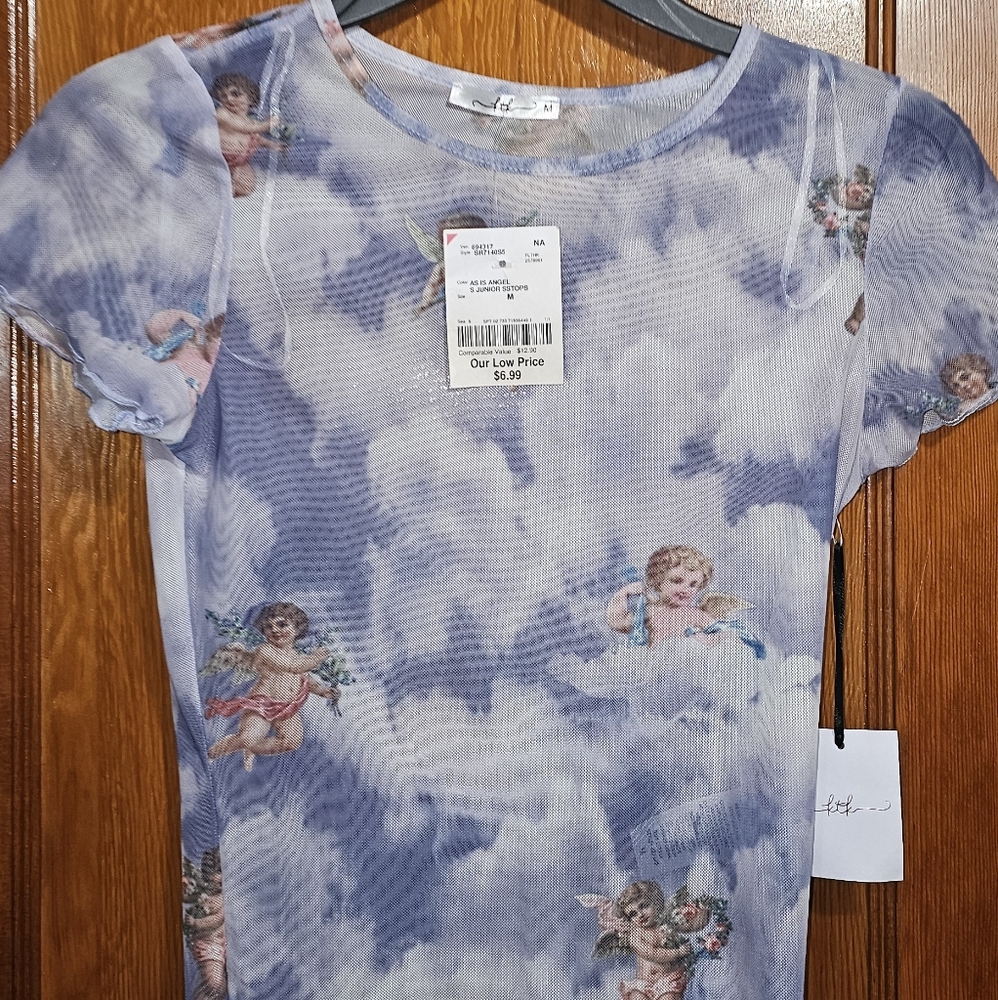 Blue Cap Sleeve Graphic Crop Top